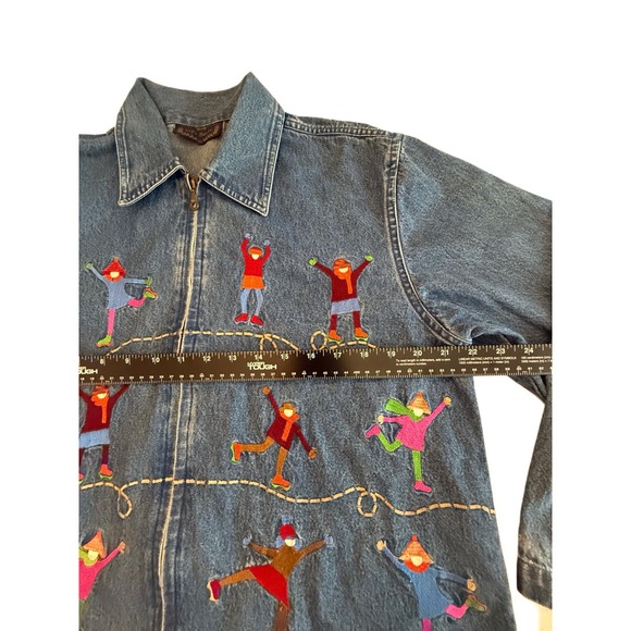 Embroidered Novelty Shacket Ice Skaters Denim Jacket Winter whimsical Teacher M - Picture 5 of 9